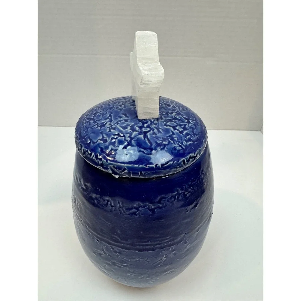 Celestial Art Pottery Cobalt Blue Textured Ceramic Jar with Crystal Star‎ Finial